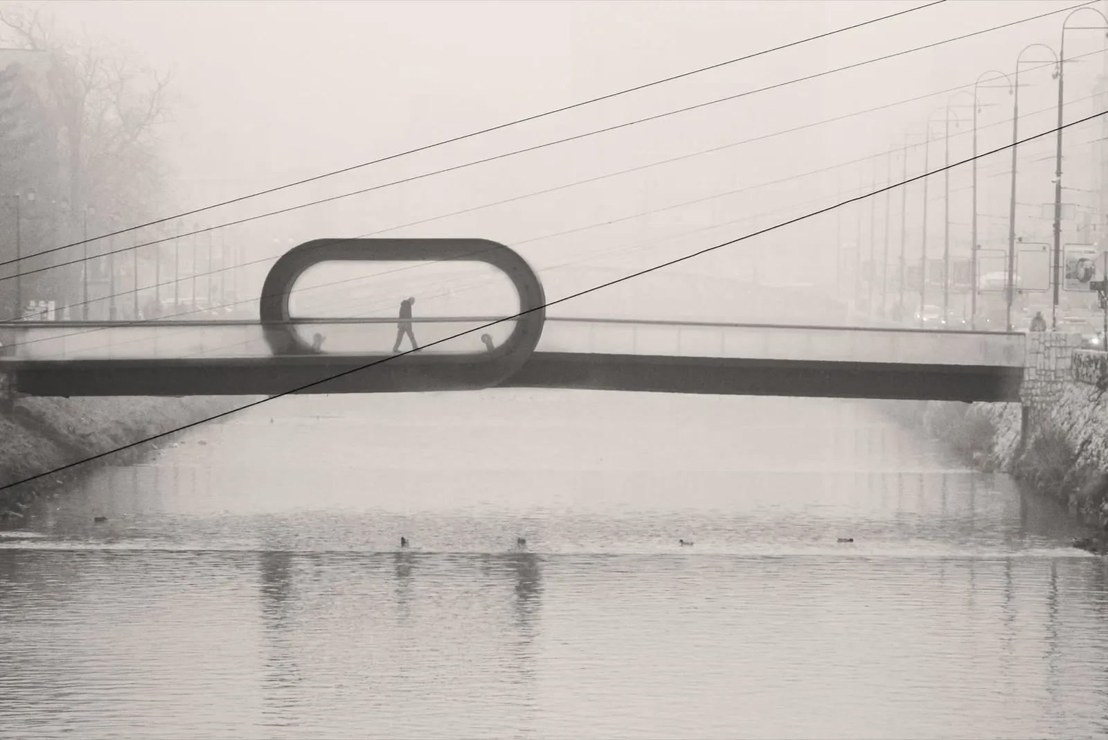 A figure crossing the Festina Lente bridge in fog, the span loops back on itself mid-crossing.